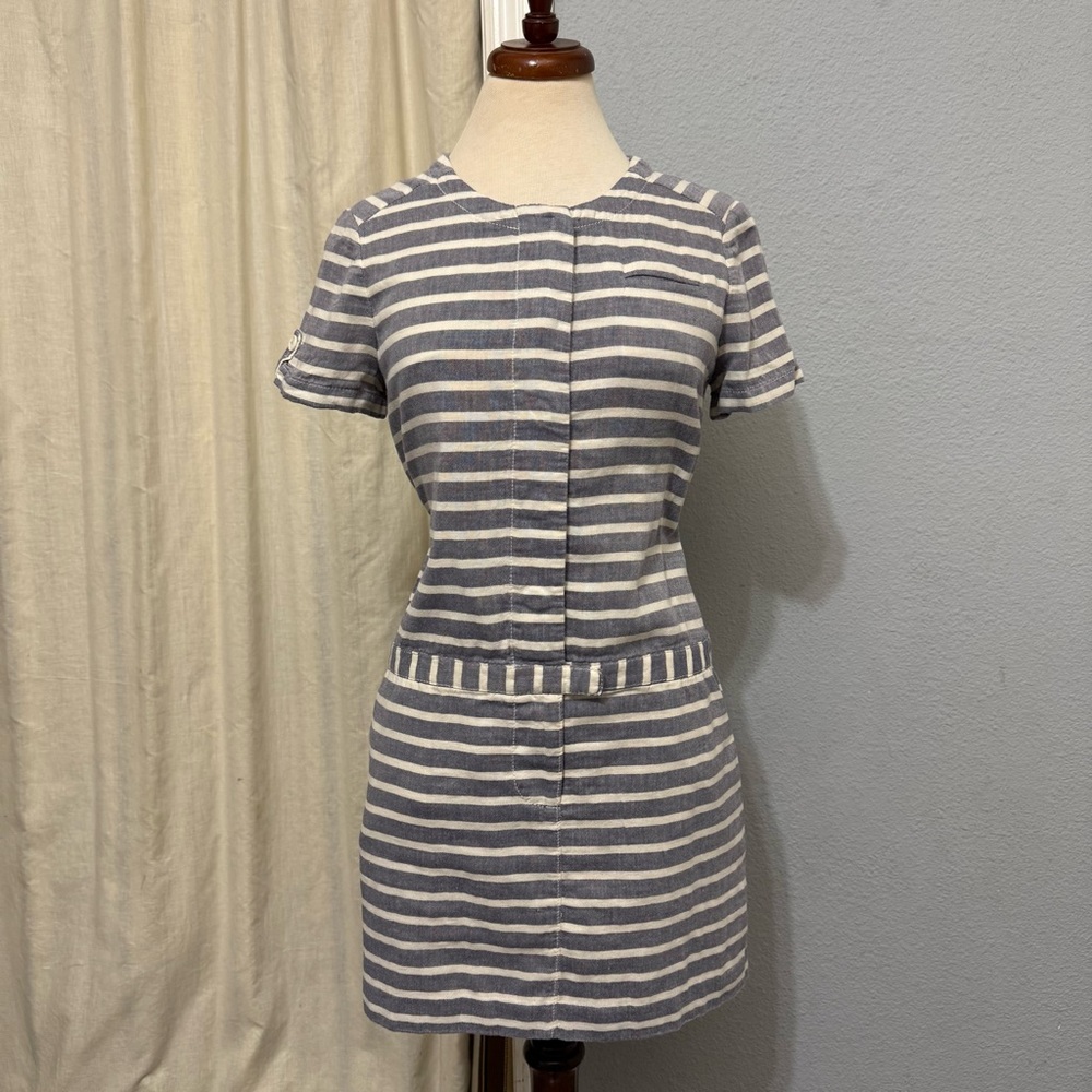 J. Crew Women Navy & White Striped Mini Relaxed Fit Front Pockets Cotton Dress 6